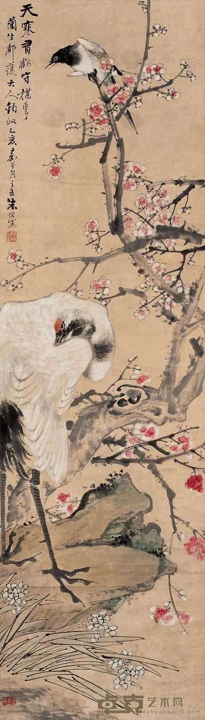 朱偁 1875年作 梅鹤图 镜心 169×48cm